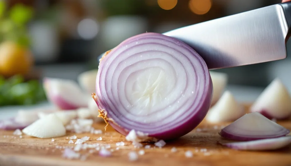 שף מסביר כיצד חיתוך בצל מהשורש לקצה שומר על צורתו במהלך הבישול ומייעל את תהליך ההכנה.